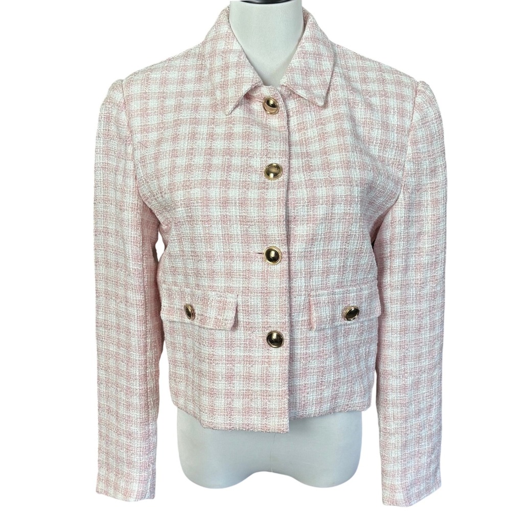 NWT‎ Zara Checked Tweed Jacket Sz M Pink White Preppy